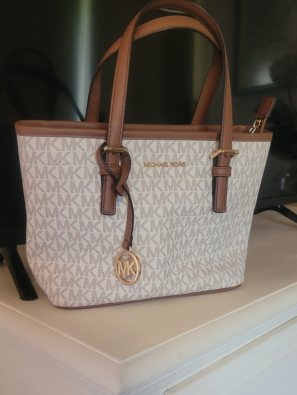 Michael Kors Beige Signature Tote with Brown Trim